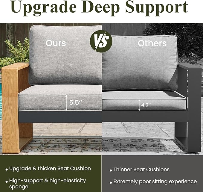 LayinSun 5 Pieces Aluminum Patio Furniture Set with Fire Pit Table, Oversized Seat with Hight Back, Outdoor Conversation Sets for Porch, Balcony, Deck