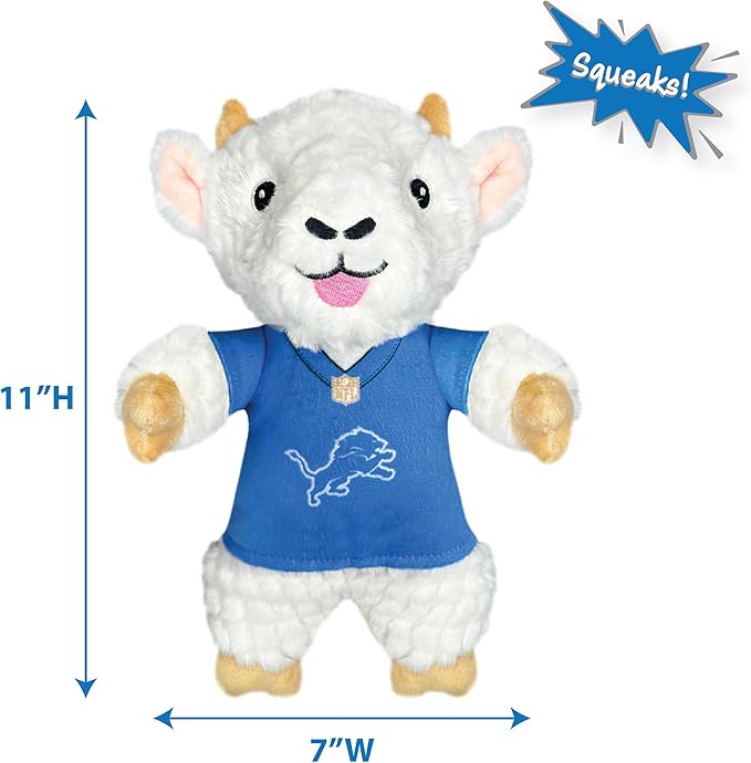 Pets First NFL Detroit Lions Goat Plush Toy for Dogs and Cats with Squeaker, Wearing a Team Jersey! Fun & Sporty Goat Shaped Dog Chew Toy, Interactive Pet Toy