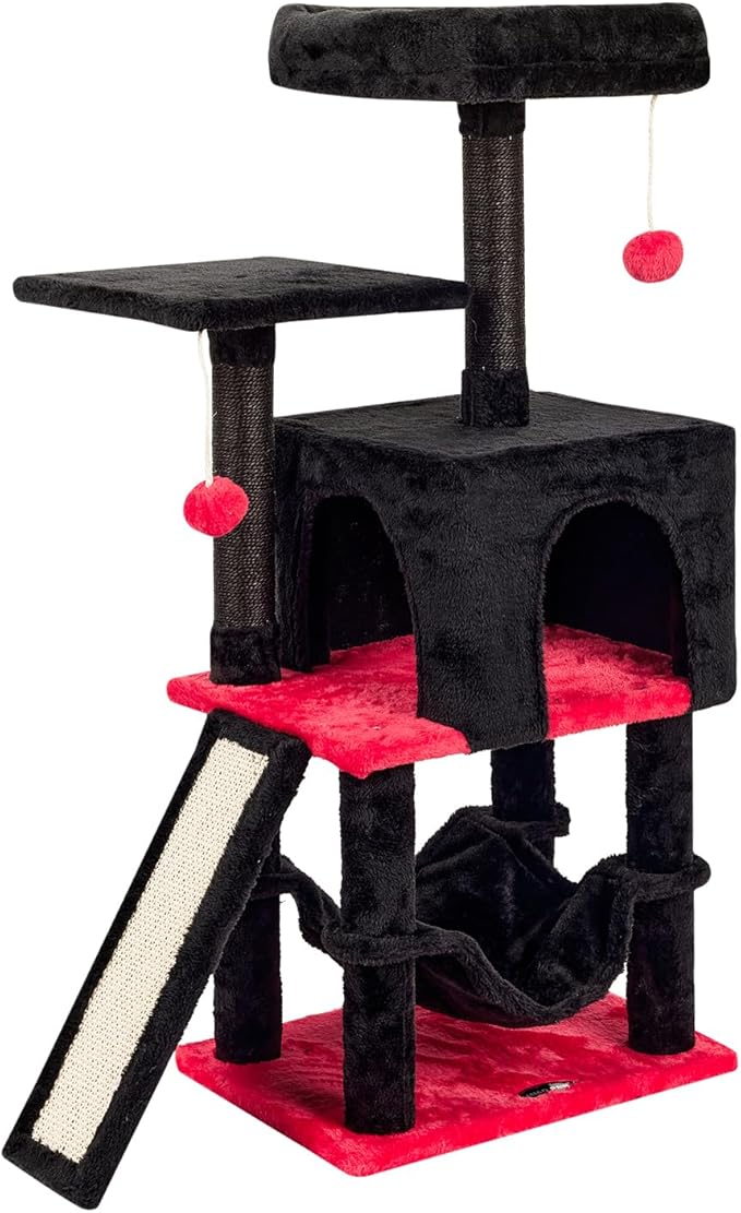 MIAO PAW Gothic Cut Cat Tree with Coffin Bed for Indoor Cats Cat Tower with Scratching Post Modern Activity House for Large Cats Condo with Board Kittens Cave Hammock Hanging Ball RED Black