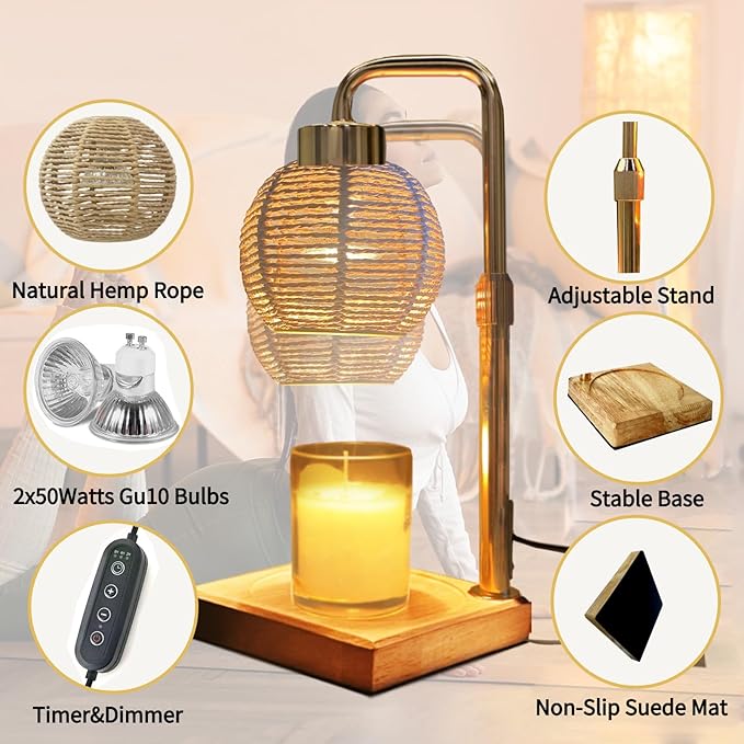 Candle Warmer Lamp - Electric Candle Lamp with Timer, Adjustable Dimmable & Height Wax Warmer Lamp for Melting Heating Small Jar Candles Scented Candle Warmer, Gifts for Home/Bedroom Decor(Gold)