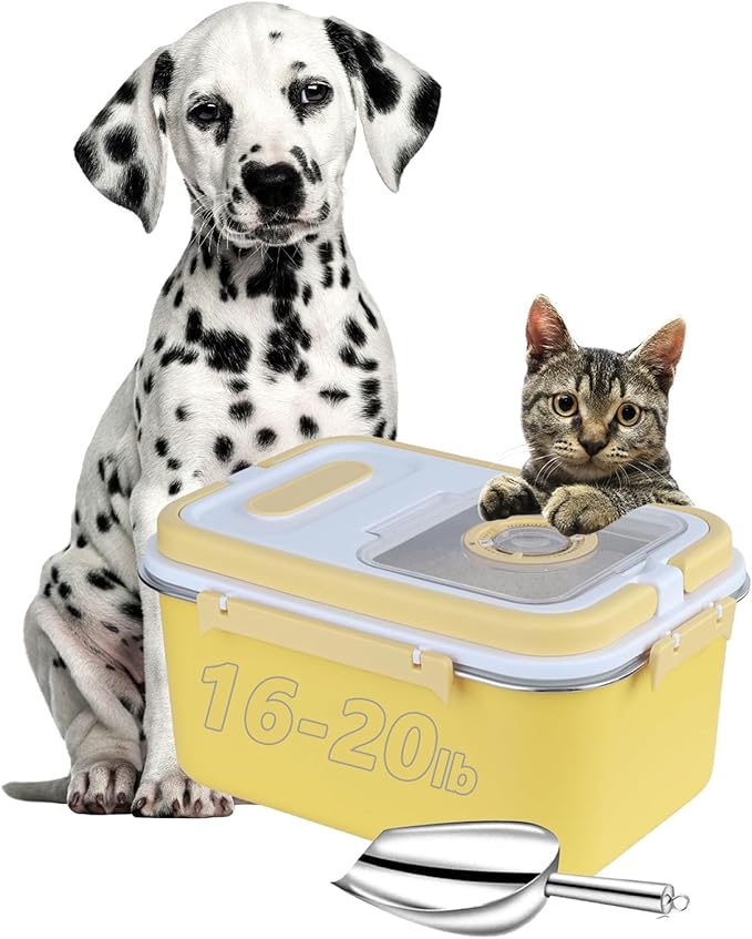 Sanbo Dog Food Storage Container Stainless Steel with Scoop, Airtight Pet Metal Food Storage Bin,Cat Food Canister,Storage Box with Date Tracker for Kitchen (Yellow, 10L)