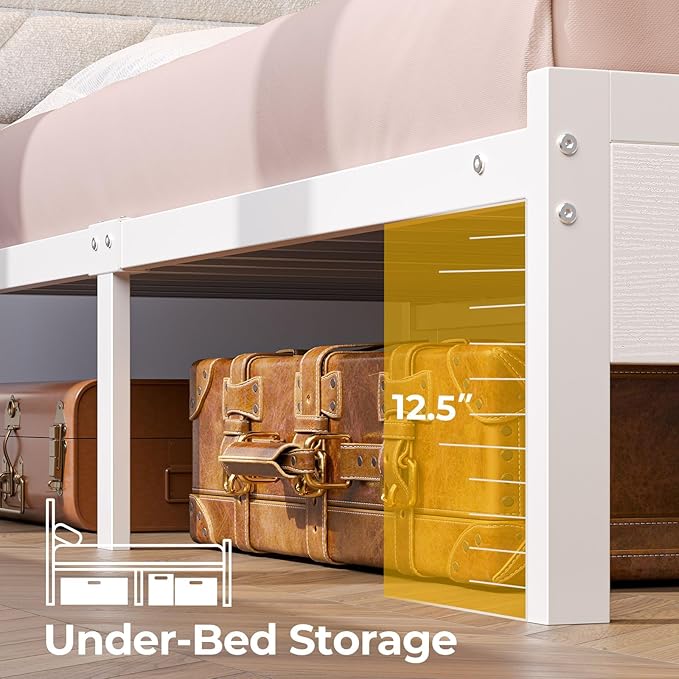 Seventable Bed Frame Full Size with Charging Station, LED Bed with Upholstered Storage Headboard, Metal Platform Bed with Under Bed Storage, No Box Spring Needed, Noise Free, Easy Assembly, White