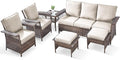 6 Pieces Wicker Patio Furniture Set - Hollow Widen Armrests 3 Seat Outdoor Sofa & Comfy Chairs with Side Table & Ottomans, Small Patio Convention Set for Deck and Backyard - Brown/Beige