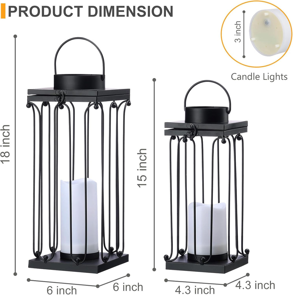 Solar Lantern Decorative Outdoor Set of 2 (18’’ & 15’’) Modern Black Metal Lanterns with Solar Candles, Decorative Candle Lanterns for Outdoor Porch, Patio, Garden, Yard Decor