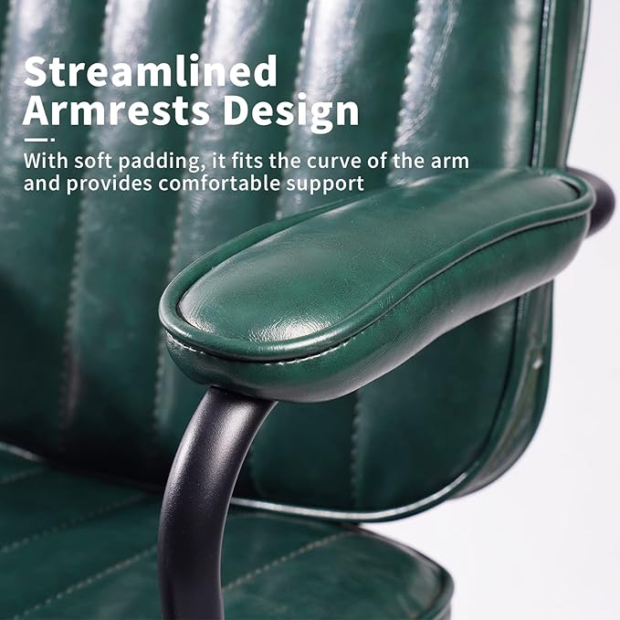Artswish Mid Century Office Desk Chair - Green Leather Home Office Chair with Wheels and Arms