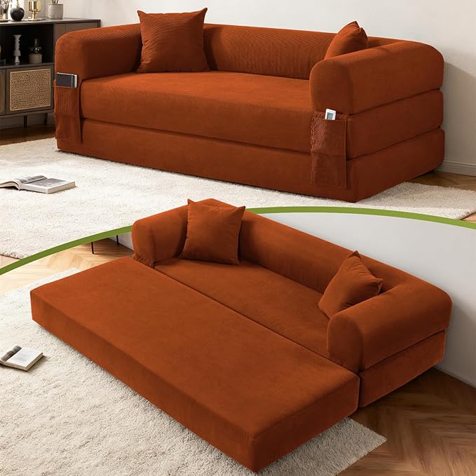 Convertible Folding Sofa Bed,80" Pull Out Couch with Pillows & Storage Pocket,Modular Futon Bed Corduroy Queen Sleeper Sofa in a Box,Compression Boneless Couch for Living Room,Orange
