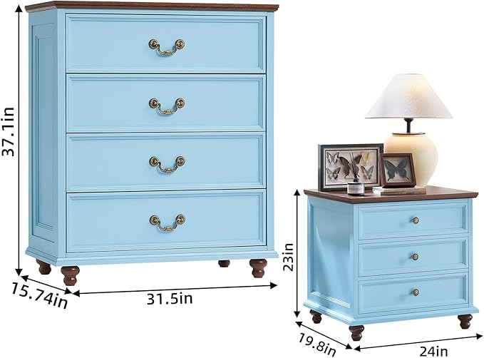 Farmhouse Furniture Sets, 24" Wide Farmhouse Nightstand Set of 2, 37" Tall Rustic Chests of Drawers w/ 4 Solid Wood Feet for Bedroom, LightBlue