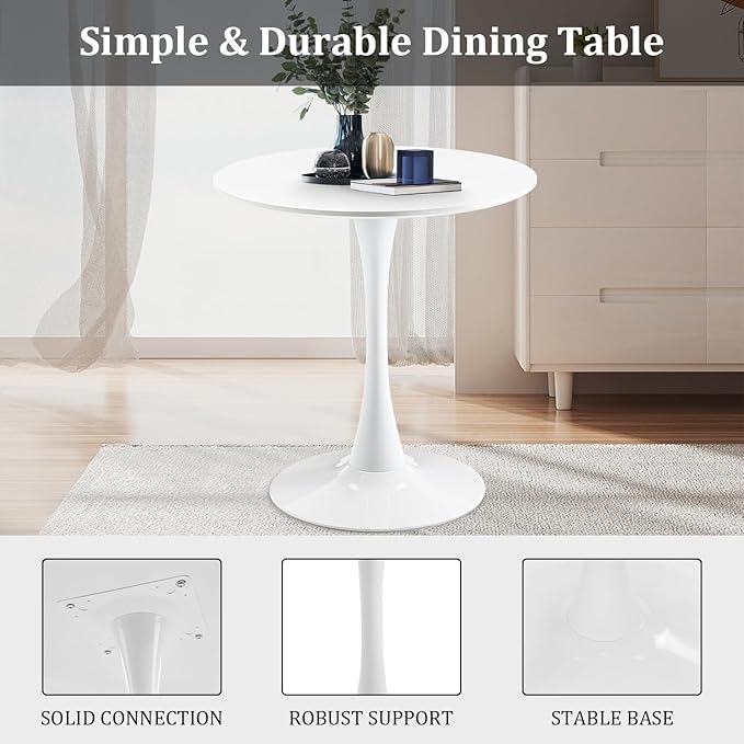 27.5" Small Round Dining Table, Modern Tulip Style Table for 1-2 People, Space-Saving Table for Dining Room, Kitchen, or Cafe, White Pedestal Base