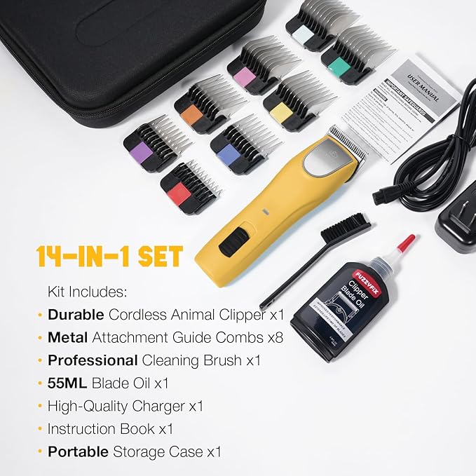 Professional Dog Clippers for Grooming, 2 Speed Pet Grooming Kit for Thick Curly Matted Coats, Low Noise Heavy Duty Cordless Hair Trimmer with Detachable Metal Blade
