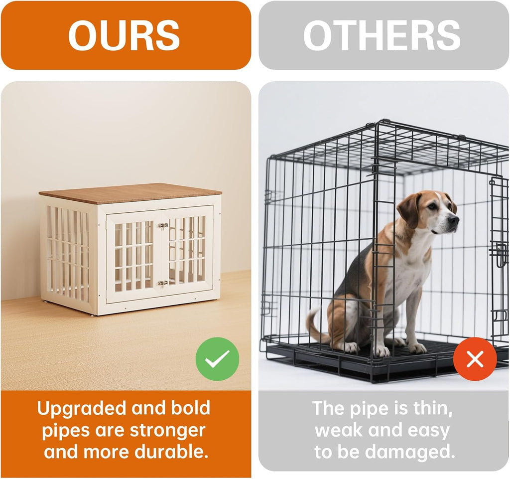 38" Heavy Duty Dog Crate Furniture for Small,Medium and Large Dogs,Rustic Wooden Dog Cage Kennel Indoor Furniture with Waterproof Top,Decorative Pet House Side End Table (White & Wood)