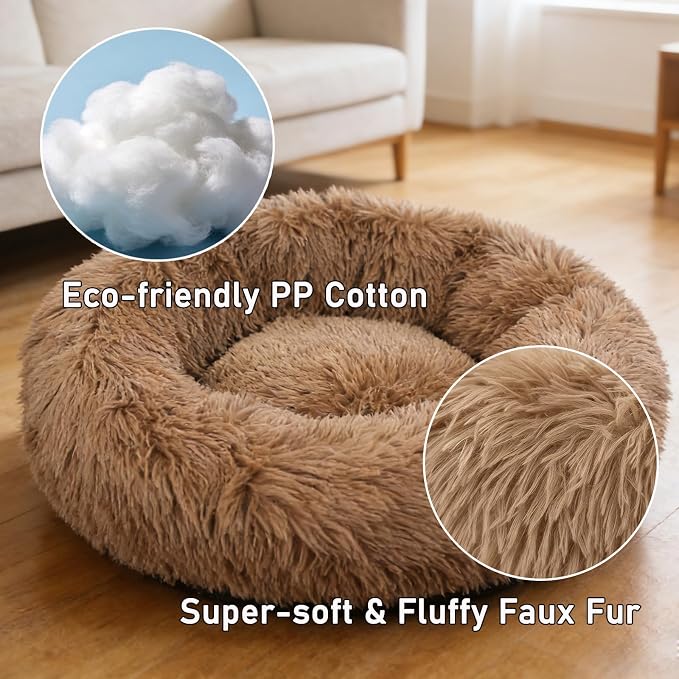Calming Donut Dog Beds for Small Dogs Kitten - Washable Removable Cover Non-Slip Bottom, Round Pet Bed Puppy Bed Warming Fluffy Faux Fur Anti-Anxiety, Fits up to 15 lbs (Camel, 20")