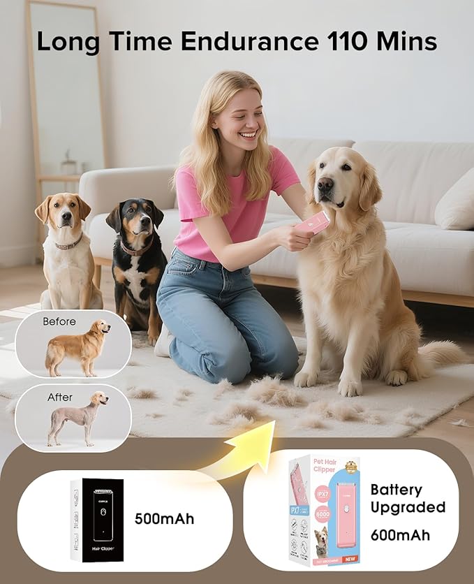 Pet Clippers for Dog Hair Grooming Low Noise, Rechargeable Cordless Cat Shaver with Ceramic Blade,Portable Pet Hair Trimmer for Matted & Long Hair