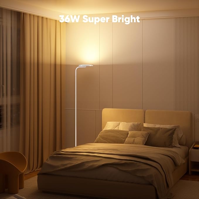 36W LED Floor Lamp, Super Bright Standing Lamp, Modern Stepless Dimmable Torchiere Tall Lamp with Remote Control, 350°Rotating Head Reading Floor Lamp for Living Room, Bedroom, Office - White