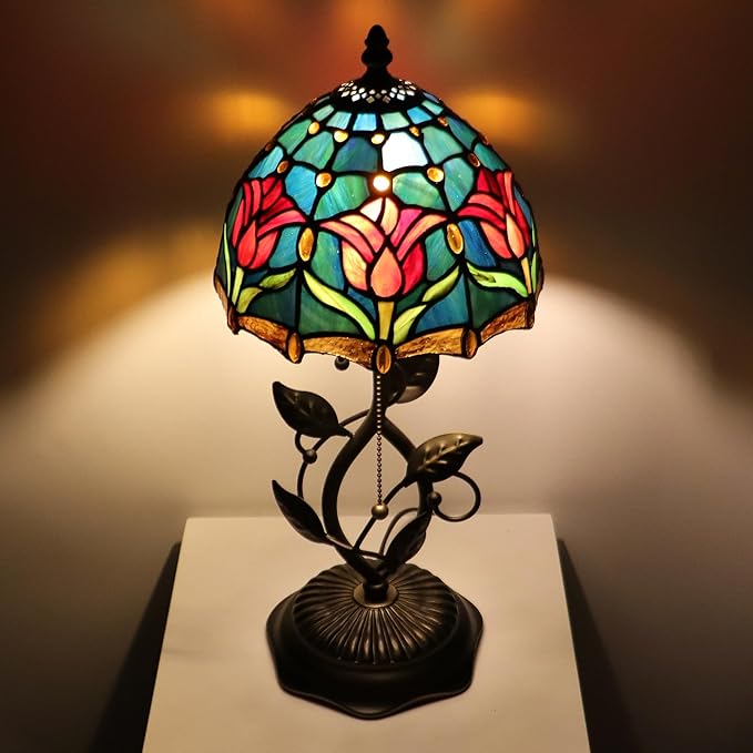 Small Tiffany Lamp Red Blue Tulips Style Stained Glass Table Lamps Desk Bedside Reading Light 8X8X18 Inches with Bronze Metal Leaf Resin Base