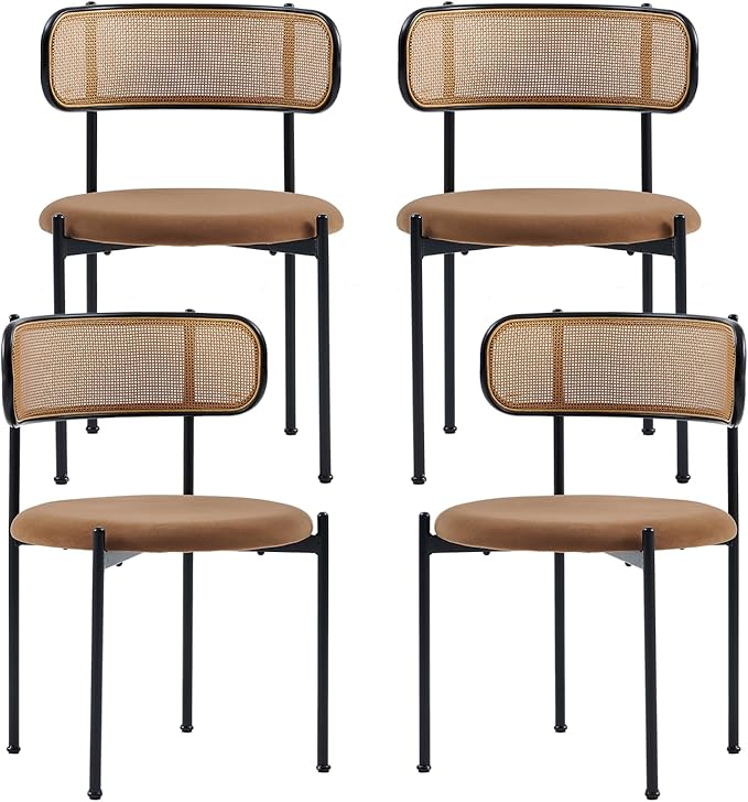 Rattan Dining Chairs Set of 4, Mid Century Modern Dining Chairs with Cane Back and Boucle Upholstered Seat, Farmhouse Kitchen Chairs for Dining Room and Living Room, Brown