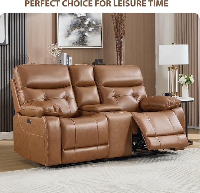 CANMOV Genuine Leather Power Recliner Loveseat, 2 Seat Loveseat Reclining Sofa with Storage Console,Hidden Cup Holders,Modern Electric Recliner Couch Set for Living Room, Bedroom,Brown