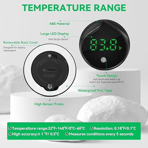 Removable Aquarium Water Thermometer Gauge with Touch Screen Digital Fish Tank Thermometer LED Display ±1℉/0.5℃, Fish Tank Accessories for Betta, Axolotl, Shrimp, Turtle, Reptile and Aquatic (Black)