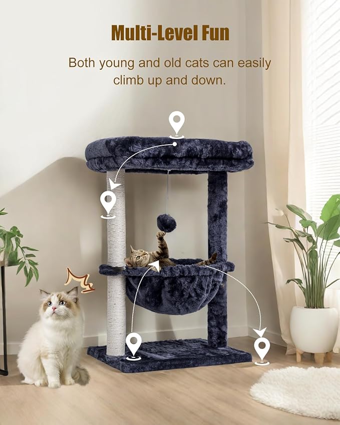 SYANDLVY Small Cat Tree for Indoor Cats, Activity Cat Tower with Scratching Post for Kittens, Cat Condo & Furniture with Basket & Hanging Ball for Play Rest