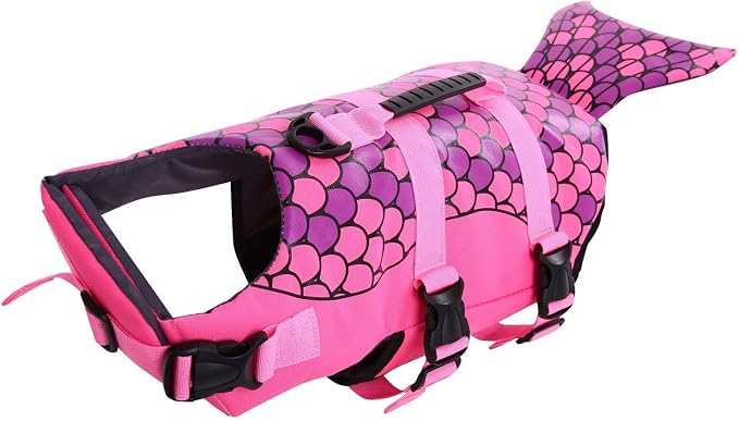 Dog Life Jacket Ripstop Shark Dog Safety Vest Adjustable Preserver with High Buoyancy and Durable Rescue Handle for Small,Medium,Large Dogs, Pink Fish Small