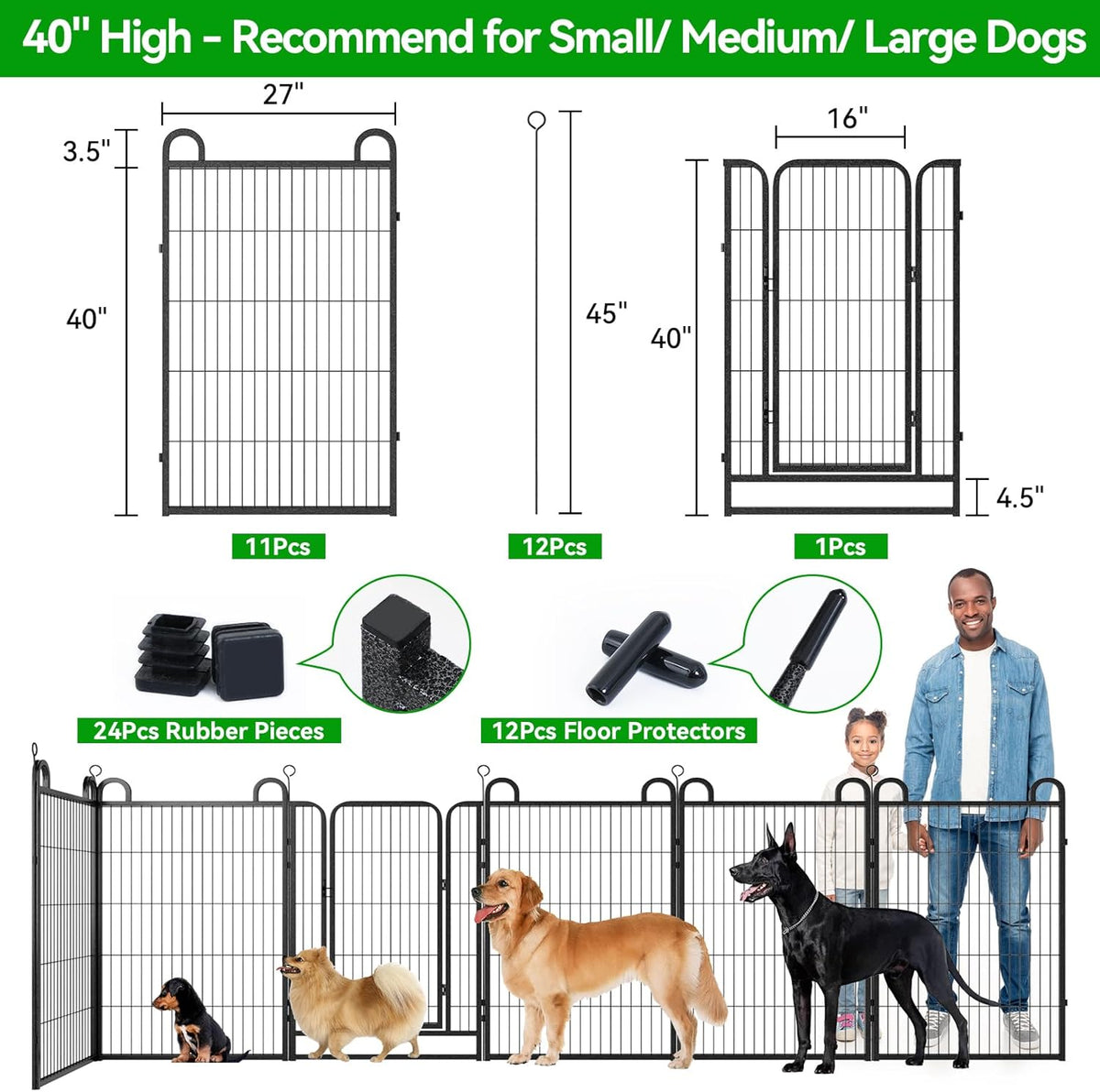 Dog Playpen Outdoor 12 Panels Heavy Duty Dog Fence 40" Height Anti-Rust with Doors Portable for RV Camping Yard, Total 27FT, 58 Sq.ft, Snowy Black