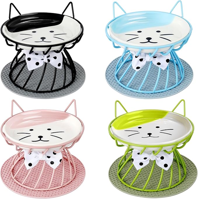 4-in-1 Elevated Pet Food Bowls - Ceramic, Non-Slip, Dishwasher Safe, Whisker-Friendly Stand for Cats & Puppies