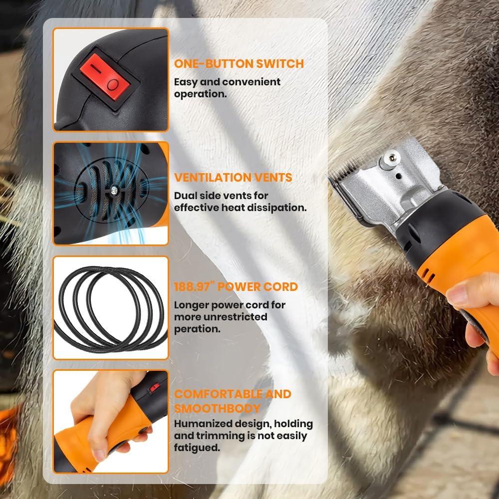 Horse Clippers Professional Electric horse Grooming Kit, Shaving Equine Clippers for Horses Goat Cattle Thick Coat Animals, 6 Speeds Large Heavy Duty Farm Livestock Haircut Trimmer （600W, 2 Blades）