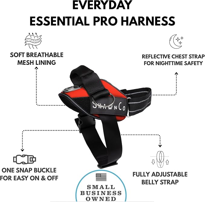 ShawnCo Essential Pro Dog Harness, No-Pull Pet Vest with 3 Leash Clips and Removable, Reflective Side Patches, Adjustable and Padded Harness for Small, Medium and Large Dogs (Mustang Red, M)