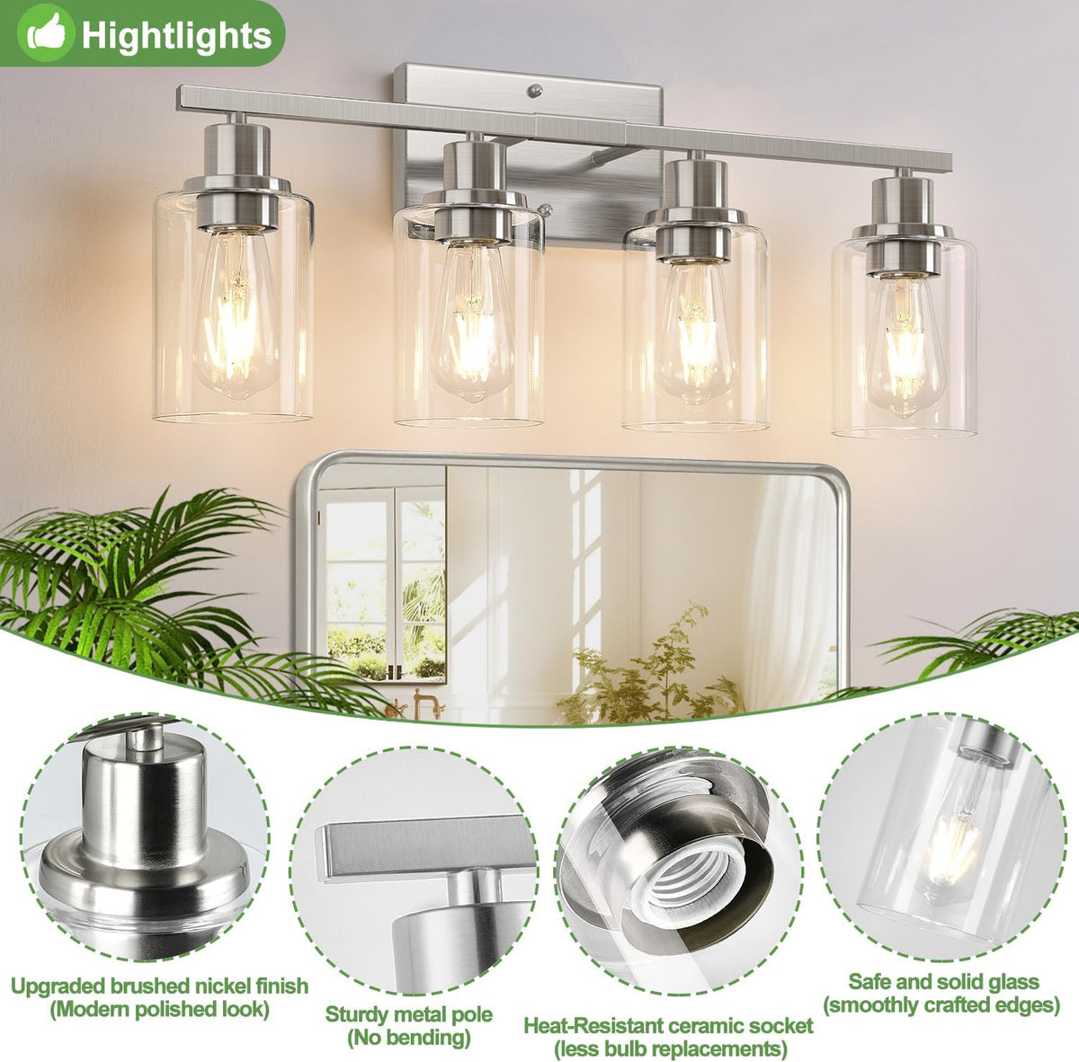 4-Light Bathroom Light Fixtures, Brushed Nickel Vanity Lights with Clear Glass Shades, Modern Bathroom Wall Lamp for Mirror Living Room Cabinet Bedroom Porch
