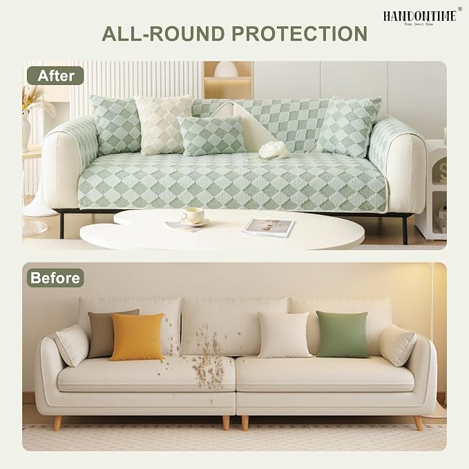 HANDONTIME Non-Slip Pet Couch Cover Washable, Plush Faux Fur Couch Protector for Cushion Pet-Friendly Sofa Covers for Dogs, Checkered Diamond Sectional Covers Dog Mat for Sofa (Green, 35.6" x 94.5")