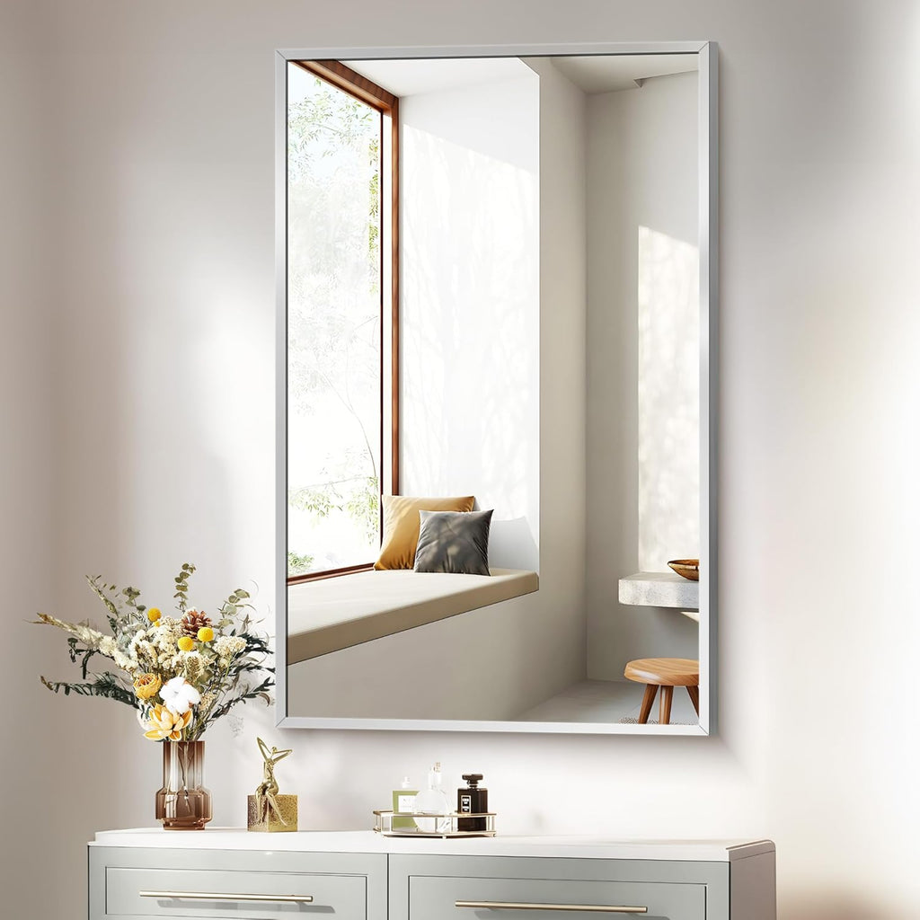Silver Bathroom Mirror for Wall, 30x48 Inch Rectangle Mirrors with Metal Frame, Modern Vanity Wall Mirror Decor for Bathroom Living Room, Entryway Hangs Horizontal or Vertical