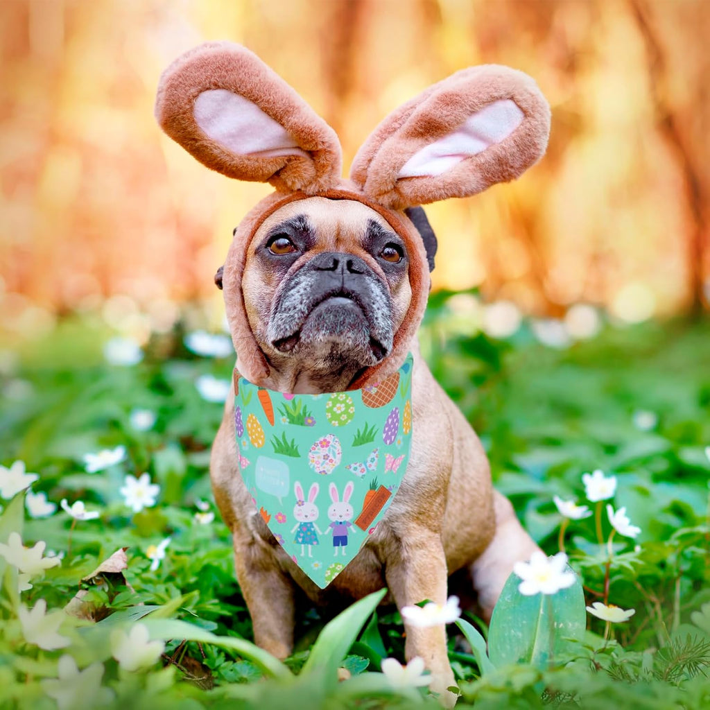 PTDECOR Easter Dog Bandana, Reversible Rabbit Easter Egg Dog Scarf, Multi Size, White Green Bandanas for Medium Large Dogs Pets (White&Green, Large)
