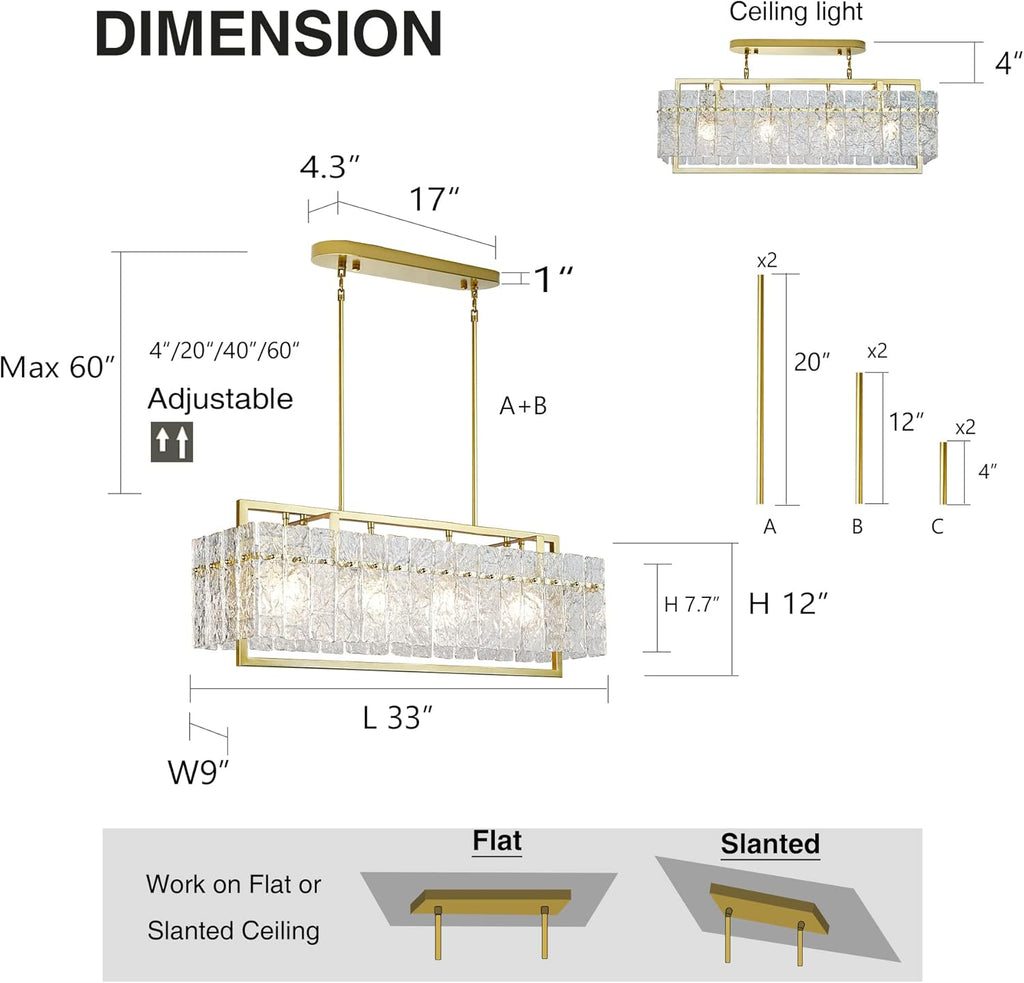 IKK Modern Gold Rectangle Chandeliers for Dining Room, Crystal Water Ripple Light Fixture, Elegant Farmhouse Linear Lighting for Kitchen Island, Bar Table, L33 x W9 x H12
