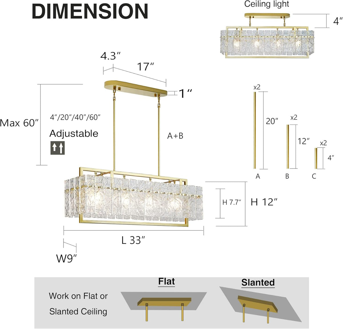 IKK Modern Gold Rectangle Chandeliers for Dining Room, Crystal Water Ripple Light Fixture, Elegant Farmhouse Linear Lighting for Kitchen Island, Bar Table, L33 x W9 x H12