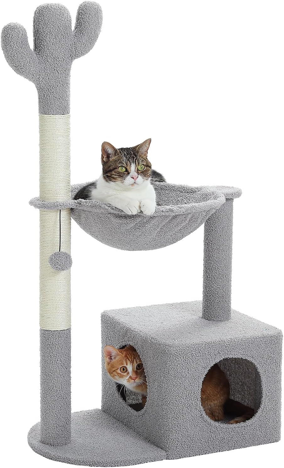 Cactus Cat Tree Cat Scratching Post 40" Cat Tower with Large Metal Carpet Hammock, Cat Scratching Post for Indoor Cats with Condo& Dangling Ball, Grey