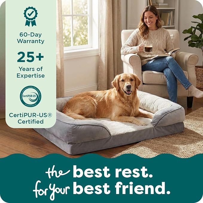 Furhaven Orthopedic Dog Bed for Large/Medium Dogs w/ Removable Bolsters & Washable Cover, For Dogs Up to 55 lbs - Plush & Velvet Waves Perfect Comfort Sofa - Brownstone, Large