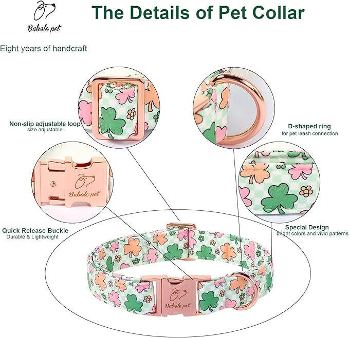 St. Patrick's Day Dog Collar for Large Dogs - Lucky Clover Pastel Dog Collars, Irish Spring Shamrock Pet Collars, Adjustable Heavy Duty Dogs Collar with Metal Buckle L