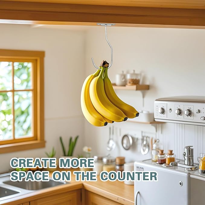 Banana Hanger Hook – Space Saving Banana Holder Hanger to Keep Bananas Fresh, Self Adhesive and Screw Banana Hook 3Pack Silver
