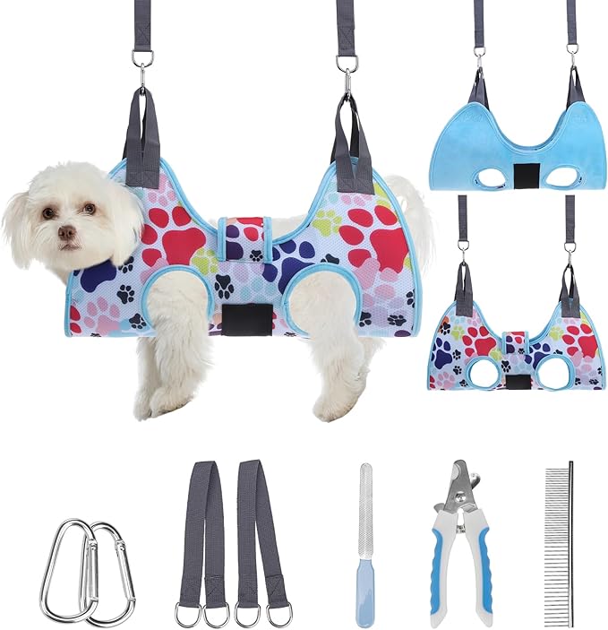PAWCHIE Dog Grooming Hammock Harness for Dogs & Cats with Pet Nail Clipper Trimmer - Cat Hanger Sling for Trimming Clipping Nails- Dog Hammock Restraint Bag for Small Medium Large Dog, Blue XS