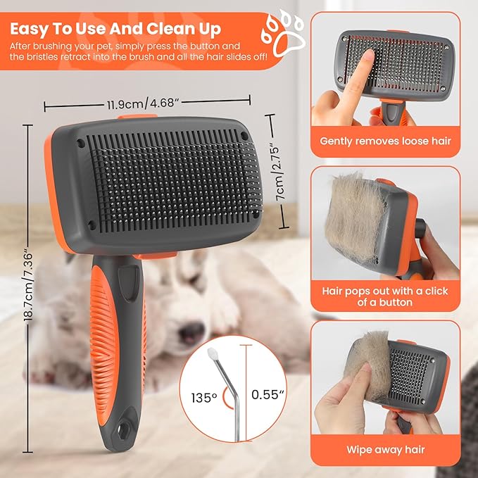 LION TAMER Self-Cleaning Slicker Brush for Dogs & Cats, Hair Brush for Pets, Deshedding Brush, Orange, Large
