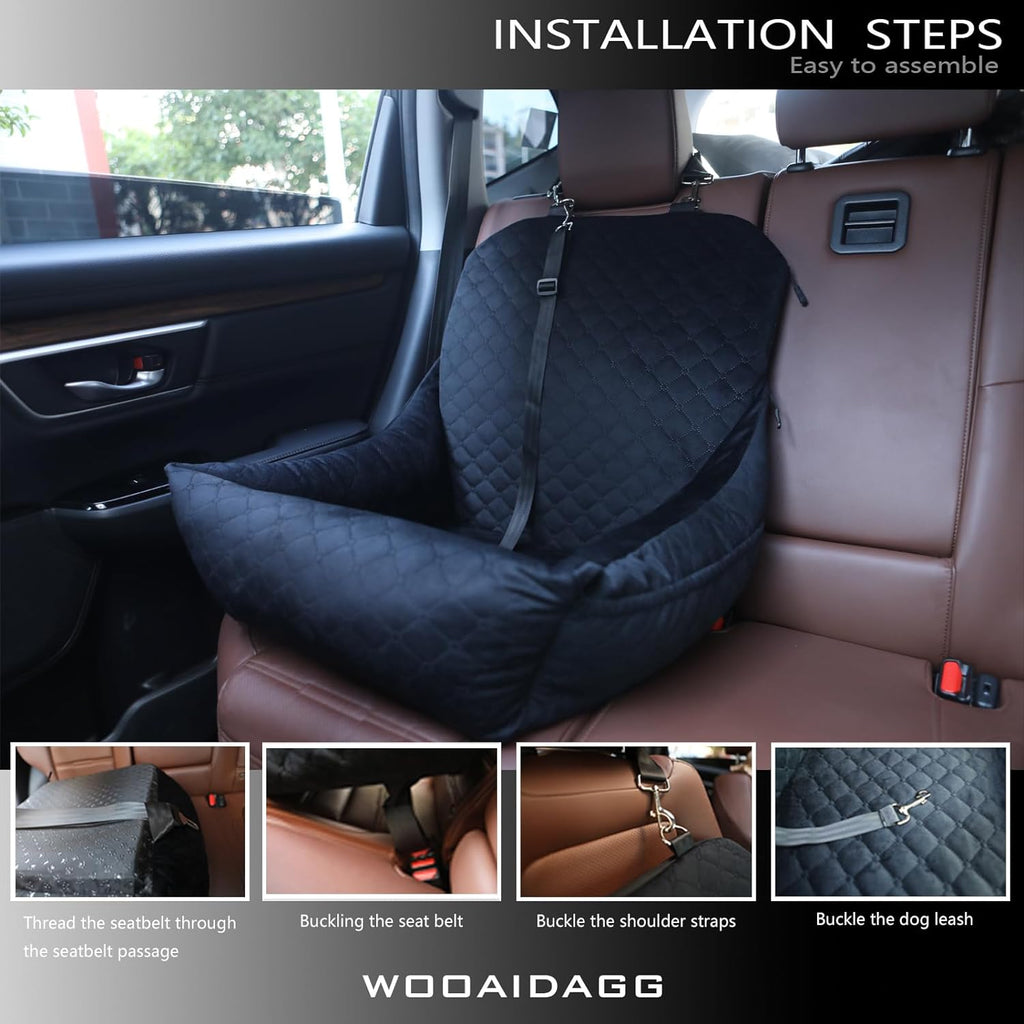 Dog Car Seat for Small Dogs Up to 25 lbs,Covered Ultra-Soft Fabric and Fill in Memory Foam,Fully Detachable and Washable,2 Clip-On Safety Leashes and Storage Pockets(Black)