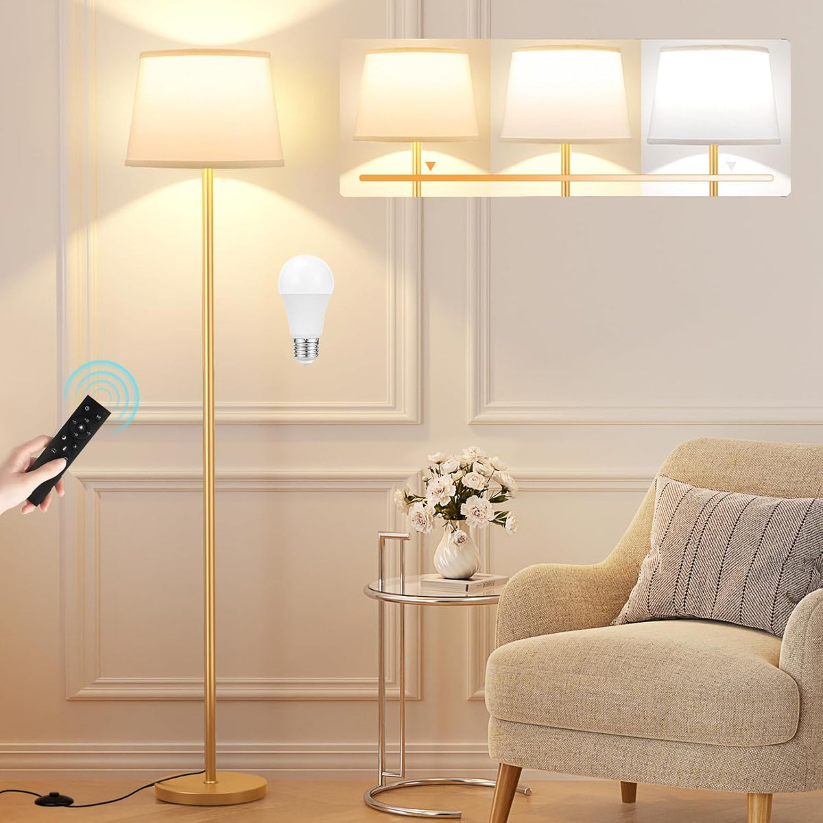 Floor Lamps for Living Room - Modern Gold Floor Lamp with Remote Control, Dimmable Colors Temperature Standing Lamp with LED Bulbs, Tall Lamp for Bedroom Office Kid Room - Brass Gold