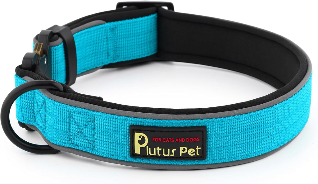 Plutus Pet Tactical Dog Collar, Reflective, Adjustable Heavy Duty Dog Collar, Soft Padded and Comfortable, for Small Medium and Large Dogs (Cyan, M)
