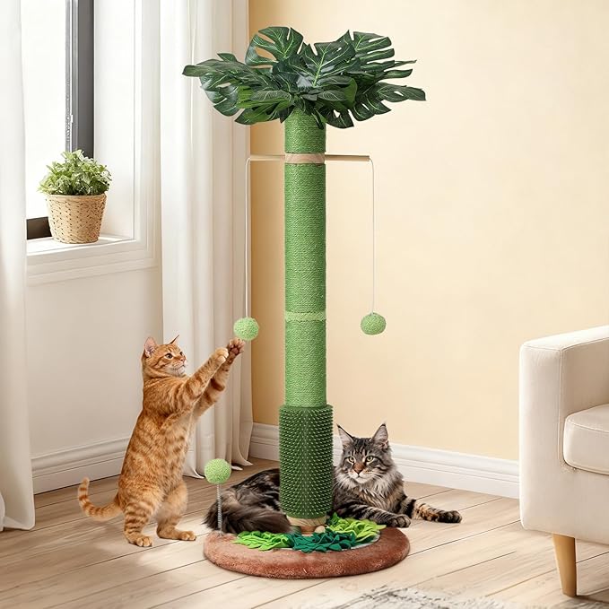 Cat Scratching Post, 40" Tall Palm Tree Scratch Post for Cats, Sisal Scratching Posts for Indoor Cats Adults with Hanging Cat Toys, Self-Grooming Brush, Snuffle Mat and Interactive Wooden Ball Track