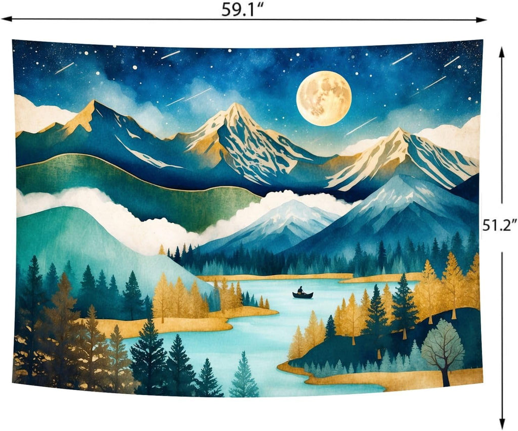 Delur Mountain Tapestry Boho Moon Stars Starry Night Tapestry Wall Hanging Forest Tree Nature Landscape Psychedelic Headboard for Bedroom Living Room Home Decor (51.2" x 59.1")