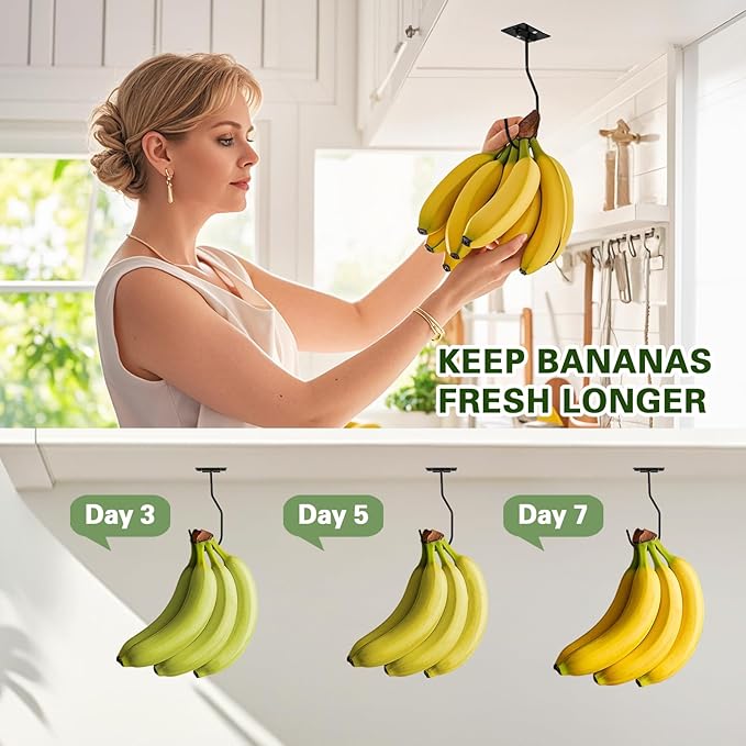 Banana Hanger Hook – Space Saving Banana Holder Hanger to Keep Bananas Fresh, Self Adhesive and Screw Banana Hook 4Pack Black