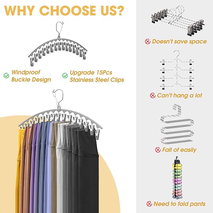Upgrade Skirt Pants Hangers with Clips, Metal Pants Legging Organizer for Closet Holds 30 Leggings/Shorts/Jeans/Skirts Pant Hangers Space Saving Hanging Closet Organizers Shorts Hanger, Grey 2Pack