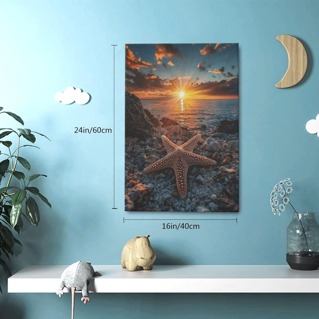 Beach Starfish Wall Decor Ocean Starfish Wall Art Sunset Scenery Coastal Theme Pictures Canvas Nature Seascape Painting Print Framed Artwork Decorations for Home Bathroom Living Room Bedroom Office 16"x24"