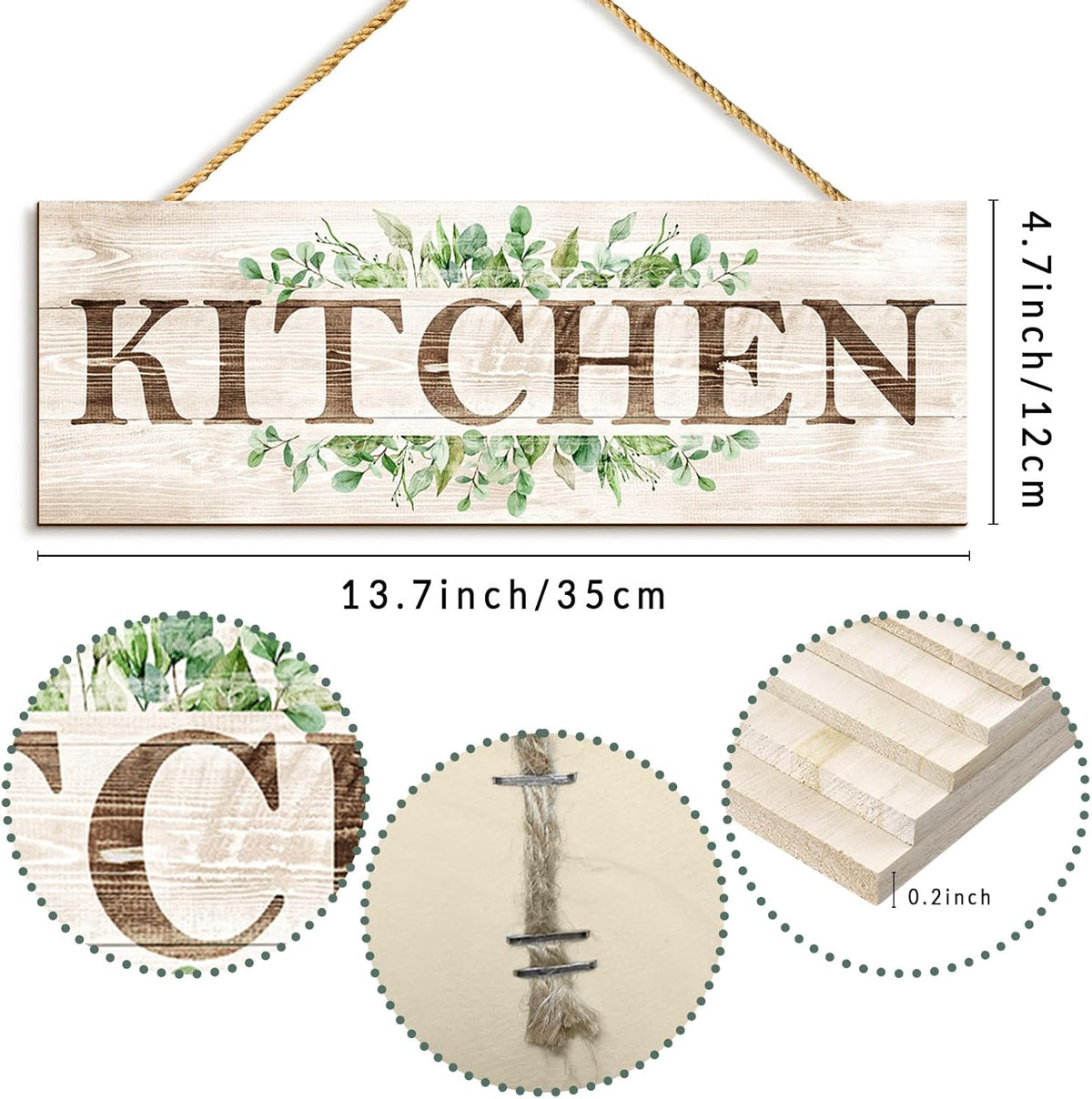 Kitchen Sign Wall Decor, Kitchen Wall Art with Plant Print, Rustic Farmhouse Wall Hanging Plaque Home Kitchen Decorative Kitchen, 4.7 x 13.7 inches
