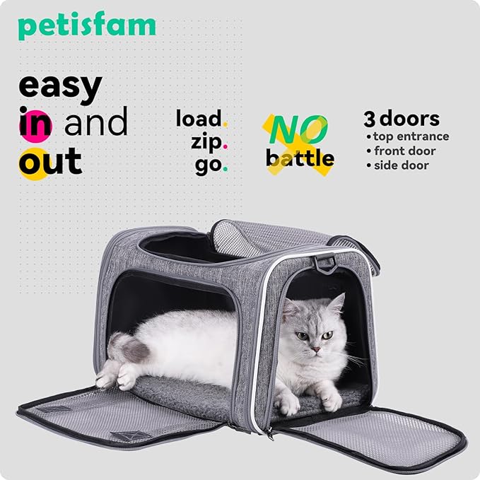 petisfam Top Load Cat Carrier Bag for Medium Cats and Small Dogs. Airline Approved, Collapsible, Escape Proof and Auto-Safe. Easy to get cat in and Make Vet Visit Less Stressful