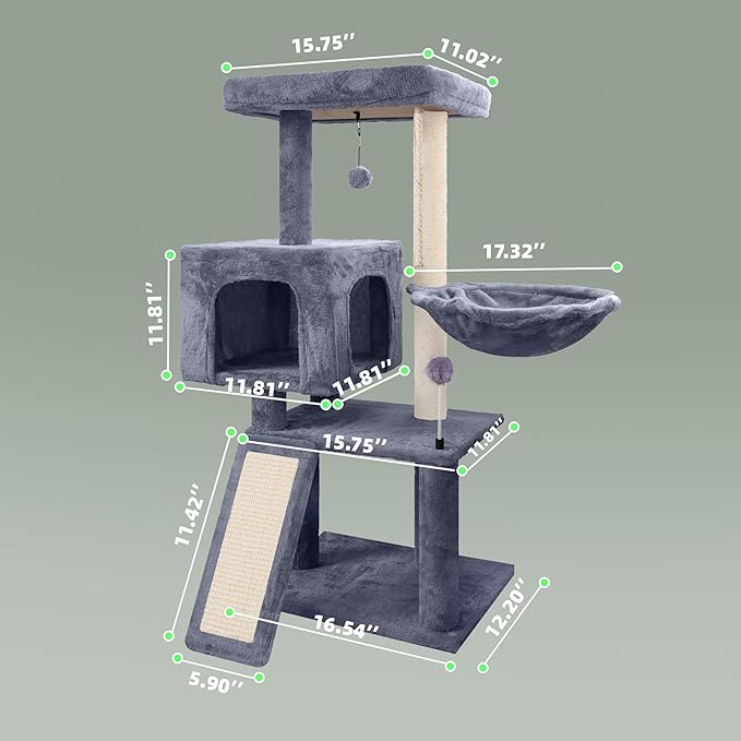 Cat Tree with Cat Condo and Hammock, Cat Tree with Scratching Posts and Scratching Pads, Cat Tower for Indoor Cats, Activity Centre Climbing Tree with Playful Toy Balls, Grey